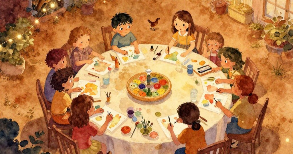 溫暖黃昏中,Wren與Hana在眾多家庭與燈光下忙碌製作燈籠,桌上散落各色手工材料,充滿生氣與計畫。