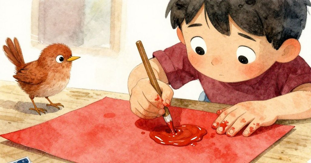 Wren專注凝視,手指沾有粘稠膠狀物細心塗抹在深紅色紙張上,背景略見其他手工材料,情感專注。