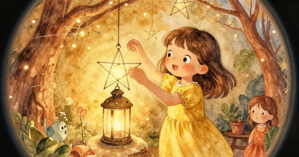 Hana以扭曲視角操作金屬星架,溫暖光線映照下展現手作不完美美感,周圍有色彩斑斕的手工工具。