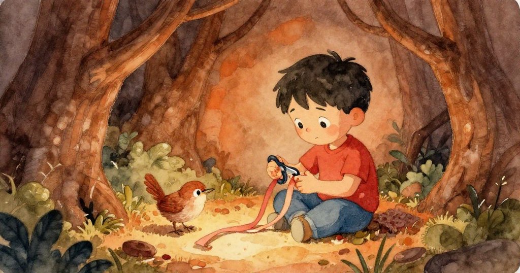 Wren在隱蔽角落中仔細用剪刀修剪紙條,周圍散落著手工材料,背景流露靜謐創作情境,充滿專注。