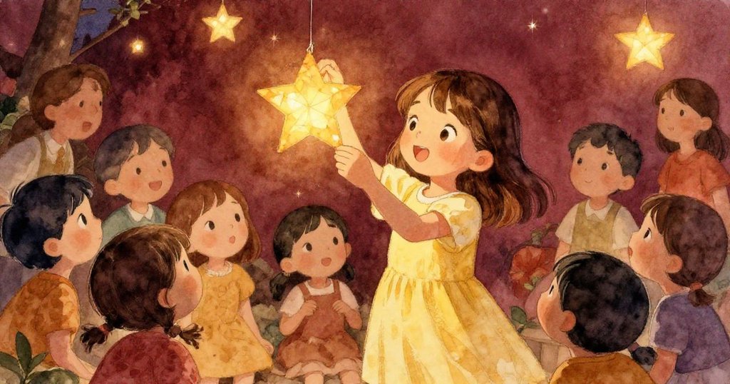 Hana笑著將紙片掛在燈籠缺角上,兩名小孩驚奇指向看,周遭人群熙攘營造出充滿創意與驚喜情境。