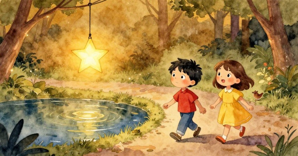 Wren與Hana沿著燈籠照亮的小徑前行,星燈在池塘上搖曳反射白光,充滿溫暖希望與未完續篇感覺。