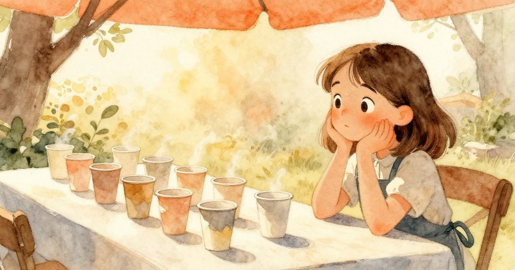 Olive站在戶外桌旁，觀察著微微顫動的紙杯，陽光柔和，呈現故事開頭的神秘與溫暖。