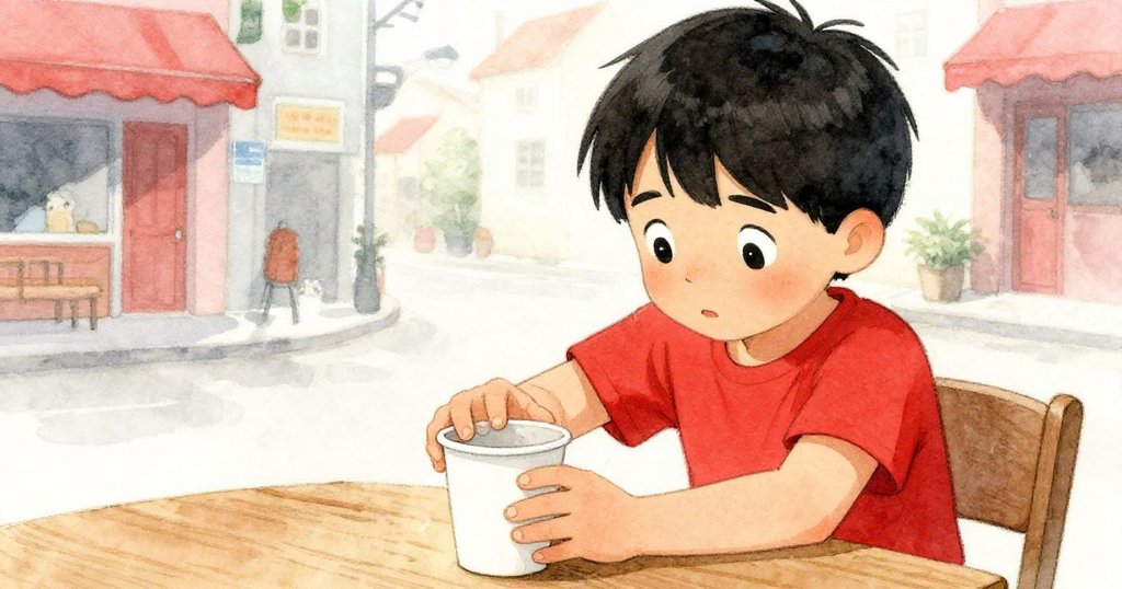 Jasper俯身按壓微顫的紙杯，專注觀察杯子隨節奏動作，背景微模糊呈現街景，動作生動。