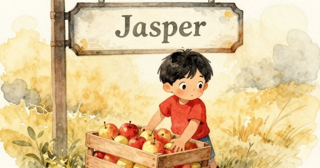 Jasper搬動蘋果箱的回憶場景，暖黃色調與復古光影交織，帶出過去與現在相融的溫馨情懷。