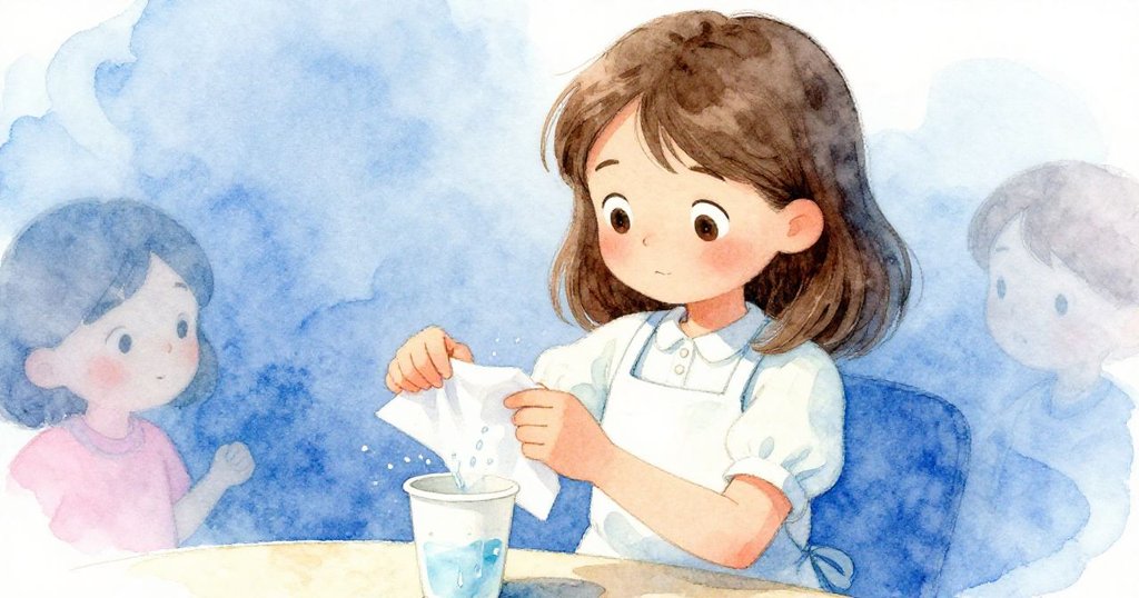 Olive專注地將餐巾紙滑入杯子下，破除水痕，充滿創意與決心，場景明亮且細節豐富。