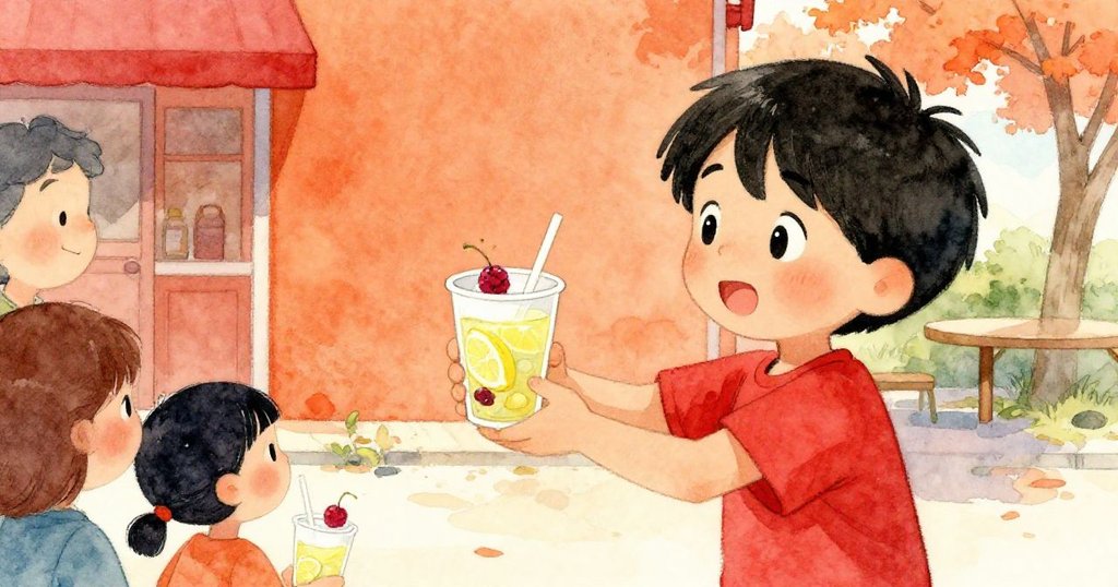 Jasper穩定著最後顫動的杯子，舉杯呈現漂浮莓果的檸檬水，環境明亮歡愉，故事迎向完美結局。