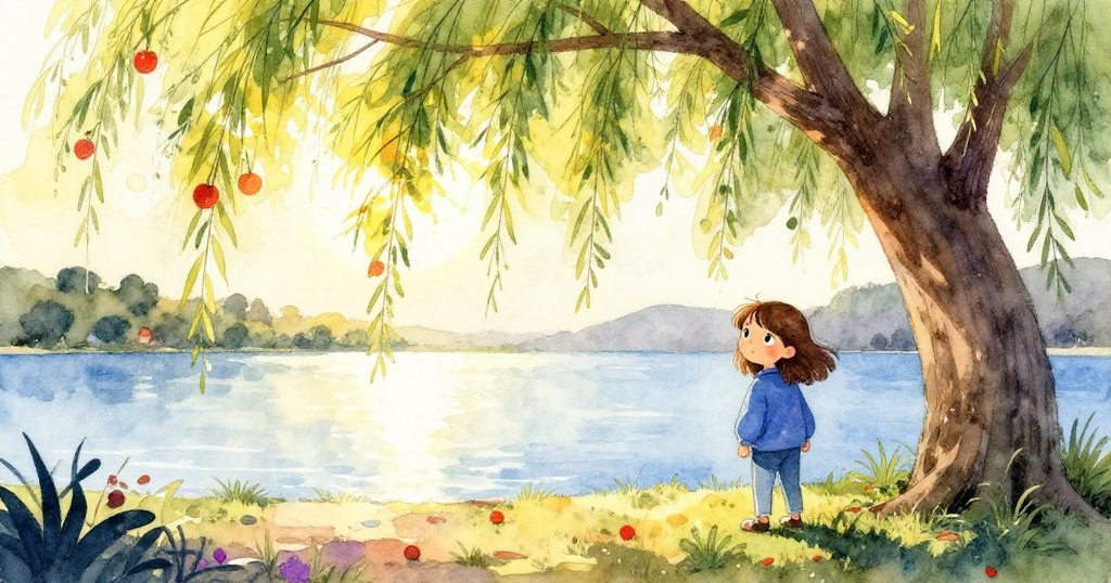 哈麗特站在柳樹下，聚精會神地檢查釣竿，夕陽穿透樹影，湖邊環境展現故事開端的神秘感。