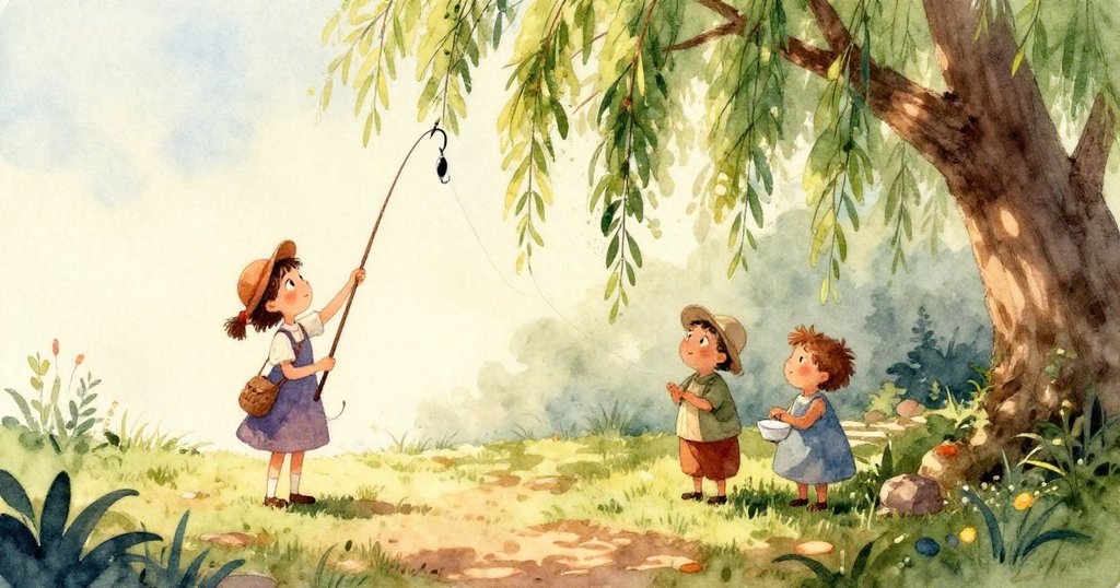 哈麗特專注用指甲挑弄掛鉤上的湖藻，特寫展示掛鉤與藻類細節，呈現求解難題的堅定神情。