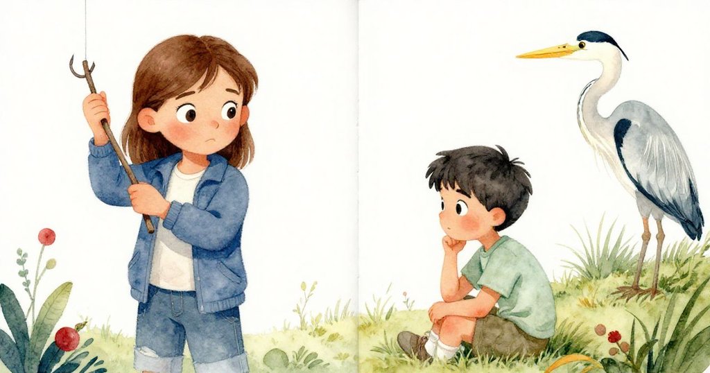 哈麗特忙著用枯枝綁住掛鉤，另一邊賽維爾從畫本中抬頭，灰鷺靜靜注視，展現情節轉折與並行行動。