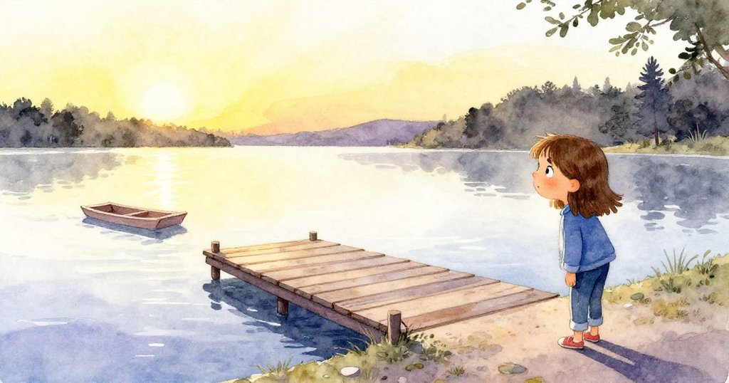 哈麗特注視著艙邊隨夕陽移動的浮標，碼頭上光影交錯，刻畫出日暮時分的靜謐變化。