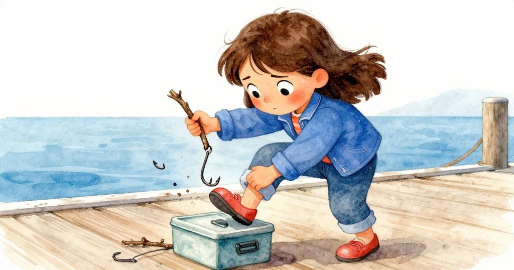 哈麗特面帶堅毅，踩住散落的備用釣鉤，用枯枝固定掛鉤，現場動作緊張節奏強烈。