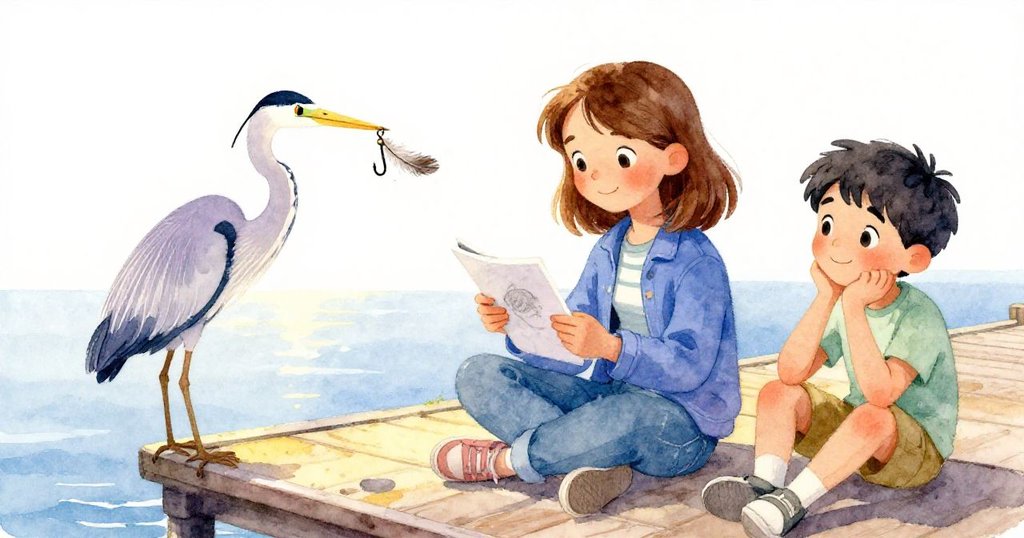 哈麗特與賽維爾在碼頭安坐，灰鷺輕釋羽毛落在掛鉤上，溫暖夕陽下流露出寧靜與安心。