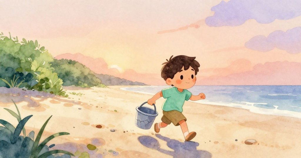 艾梅特在晨曦中踏上濕沙海邊,手持破裂水桶,充滿期待與專注,遠處海道映出金色光芒。