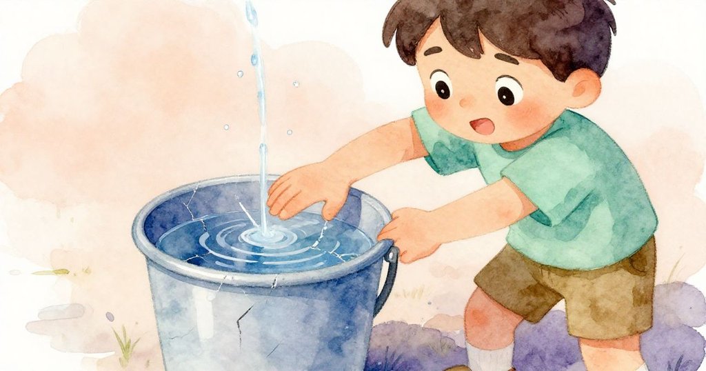 艾梅特伸手按住水桶裂縫,細水流反射海潮變化,畫面細節精緻,展現堅定與專注。