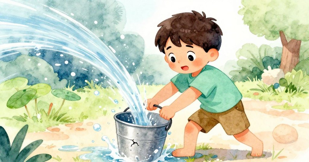 艾梅特靈機一動調整水桶角度,水流沿沙面劃出動態軌跡,展現創意與活力,陽光明媚。