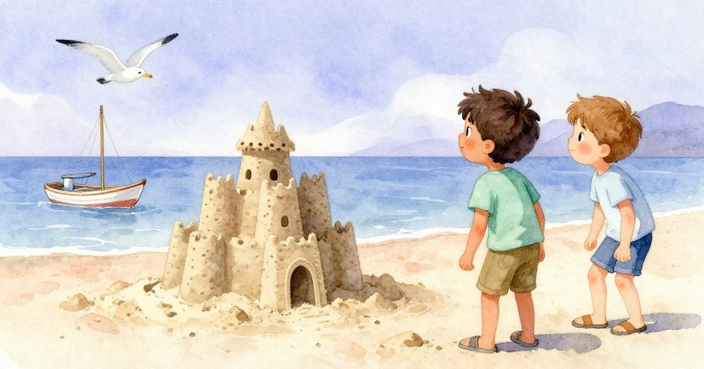 艾梅特與伊恩注視堅固沙堡,遠處小艇搖曳、海鷗盤旋,場景充滿寧靜與隱約意義。
