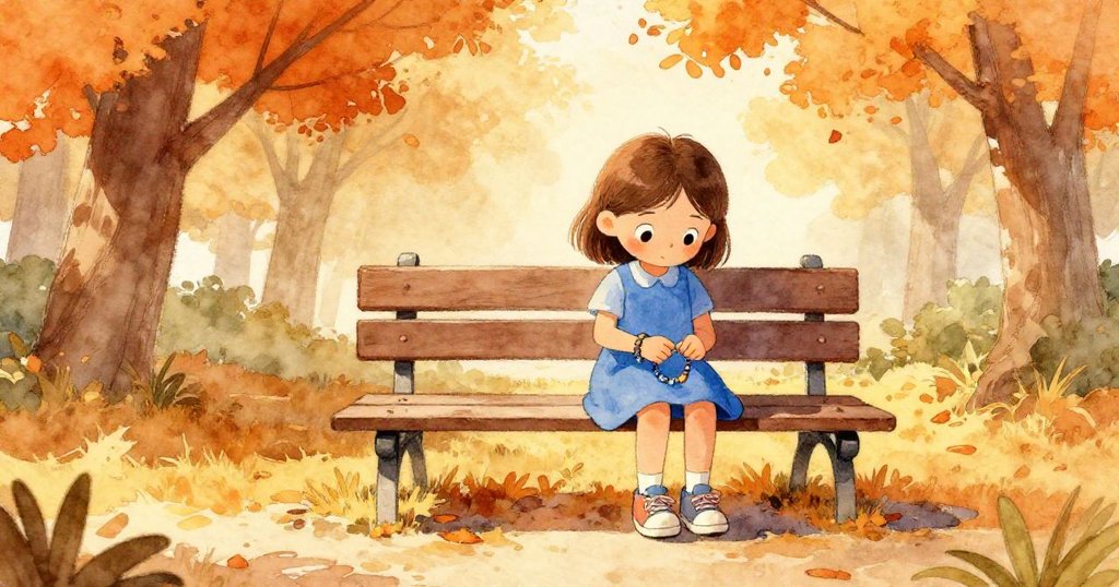 薩奇坐在陽光灑落的公園長椅上，觀察手鐲線頭飄散，神情專注且充滿期待，引發故事開端。