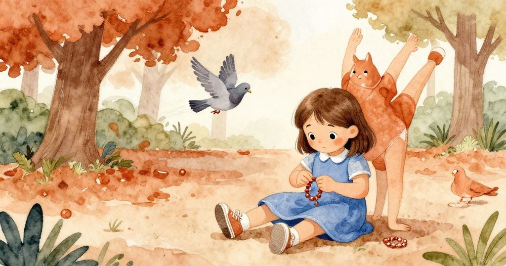 從高處俯瞰，薩奇專注修繕手鐲，遠處成人在藍墊上伸展，鴿子在旁邊輕快踱步，情境層次豐富。