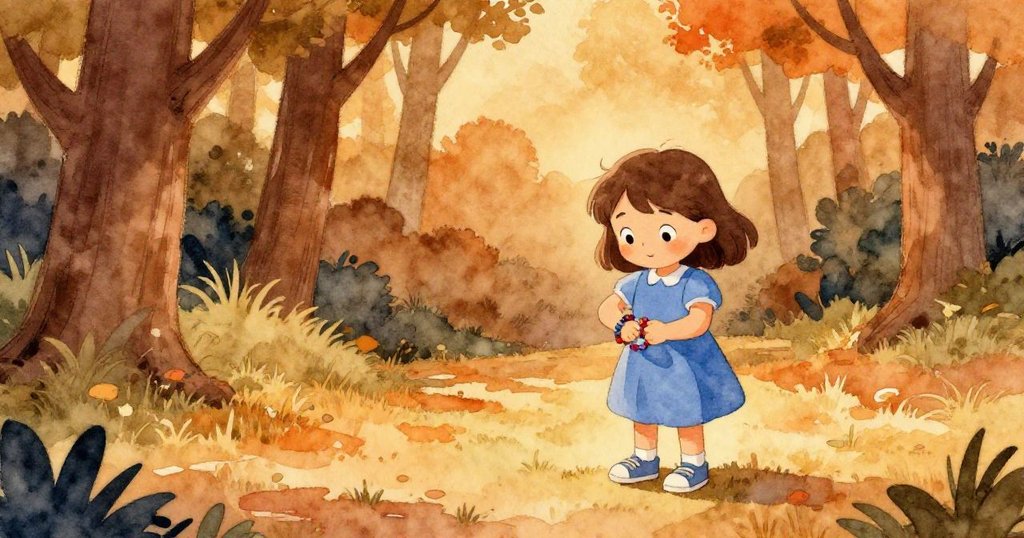 薩奇於黃昏公園中微笑戴上修好的手鐲，測量帶精確顯示數值，情緒平靜滿足，整體氛圍祥和。