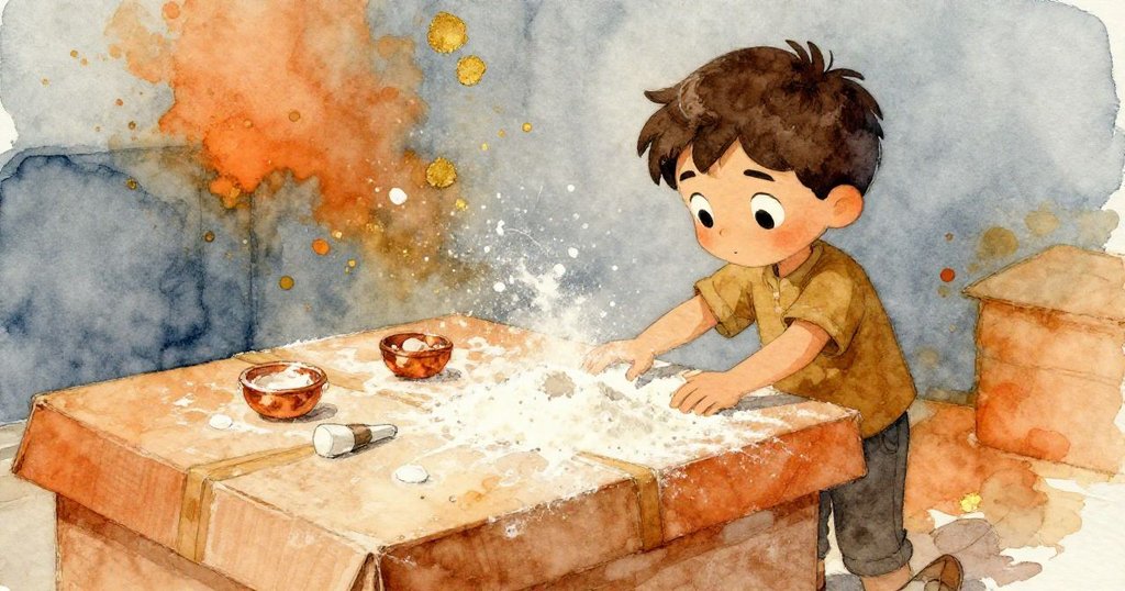 迪恩站在麵粉包裝桌旁,仔細察看散落的白爪印和生鏽工具,室內充滿神秘氣息,表情充滿好奇與警覺。