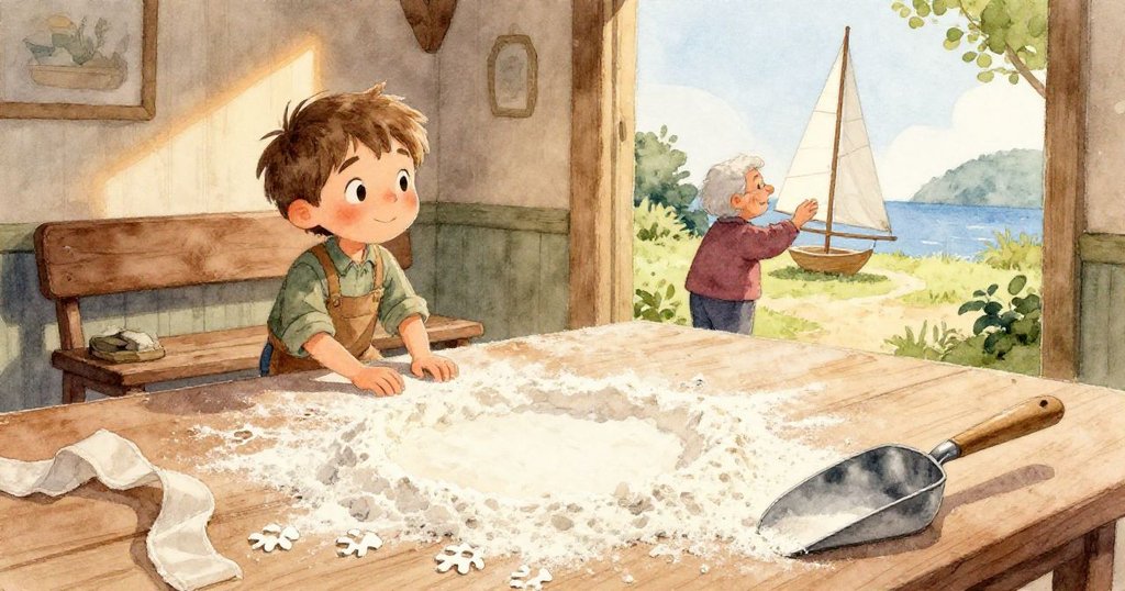 迪恩的手輕拂桌面麵粉,細膩展現出木板上隱藏的刀痕紋理,畫面細節豐富,充滿發現的驚奇。