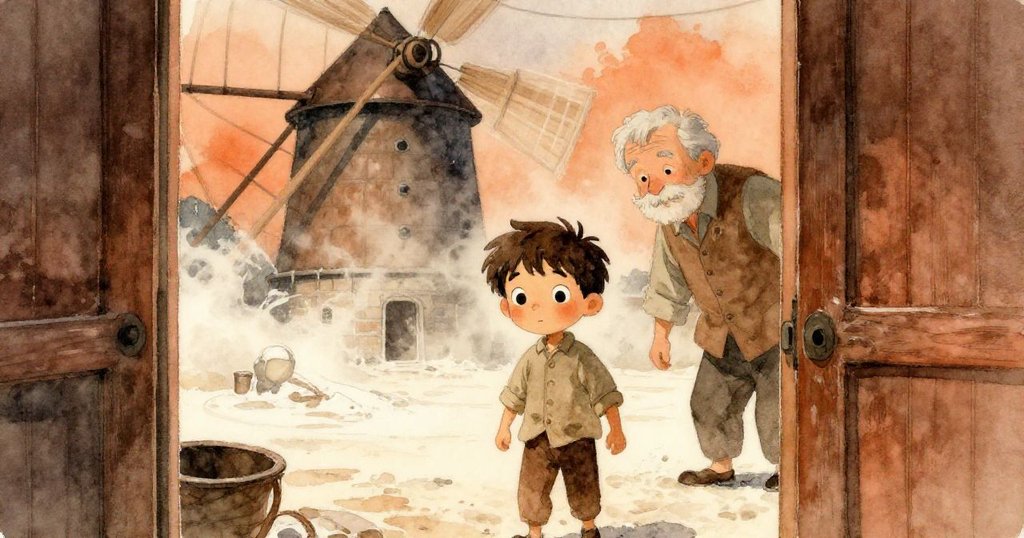 透過半掩門扉觀察,迪恩站在長椅旁凝視,祖父在外檢查風帆速度,空氣中飛舞麵粉顆粒,充滿靜謐與好奇。