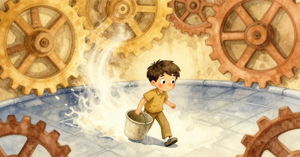 從高處俯瞰,迪恩正用力推著空箱,上方齒輪運作激烈,麵粉如小彗星般紛飛,場景充滿動感。