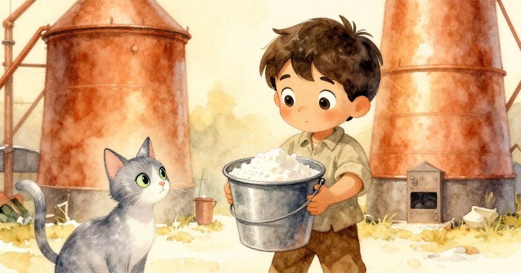 最終,迪恩正小心提起盛滿新麵粉的箱子,旁邊的貓咪靜靜觀望,麵粉逐漸歸塵,營造出和諧滿足的結局。