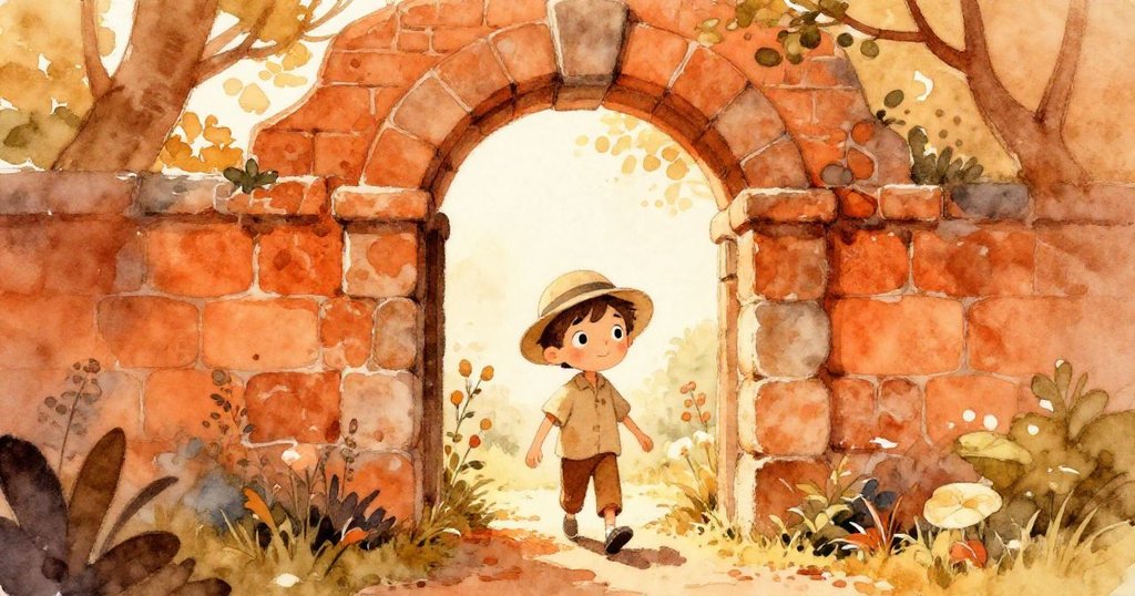 Kit 穿過石拱門進入花園, 神情充滿好奇與期待, 陽光灑落, 背景展示自然與古老石頭