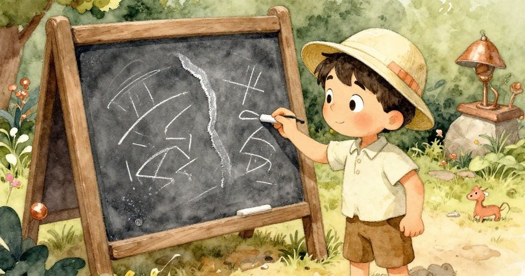 Kit 仔細檢查石板上淡化的粉筆弧線, 神情專注, 周圍環境溫暖自然, 展示謎樣光影