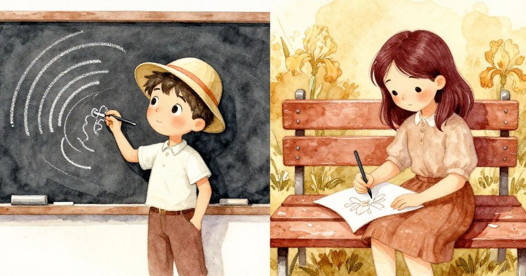 左側Kit用粉筆畫弧線, 右側Vivian在長椅上專注繪花, 兩人各自投入創作, 溫暖色調交織生動