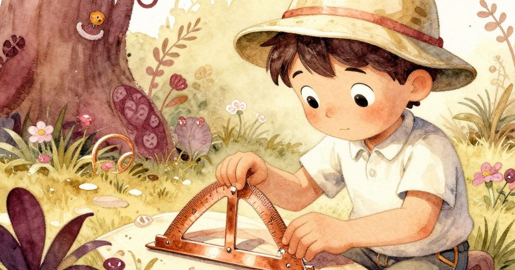 Kit近距離專注調整量角器, 手持小木片, 表情堅定略帶內心矛盾, 細緻呈現粉筆與工具細節