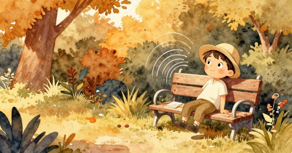 Kit坐在花園長椅上, 柔和暮光中靜觀修正後的石板弧線, 寧靜與勞累後的平和喜悅洋溢