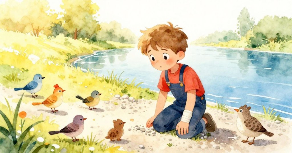 芬恩在陽光明媚的河堤上跪著修整石堆，周圍有小鳥和小動物，好奇地圍觀，充滿探索的喜悅。