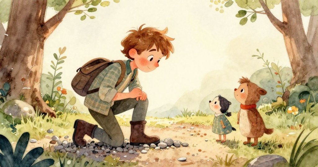 芬恩的手特寫在顯示顆粒分明的卵石上，水滴閃爍，細膩觸感展現他專注調整石塊的動作。