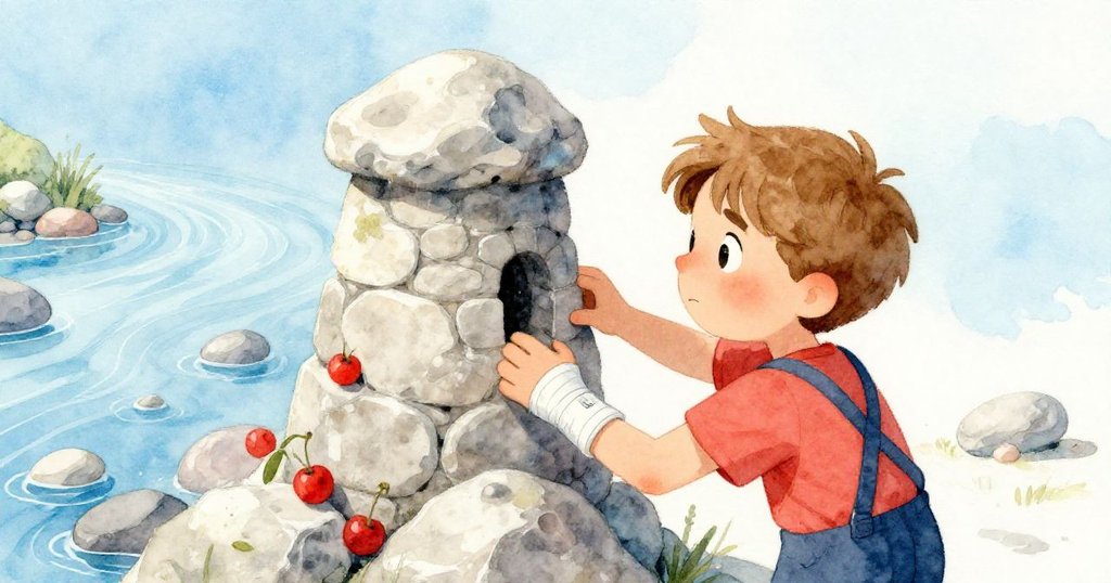 從身後視角看芬恩正專注撥正傾斜的石塊，背後河水靜靜流淌，展現出堅持與認真的神情。