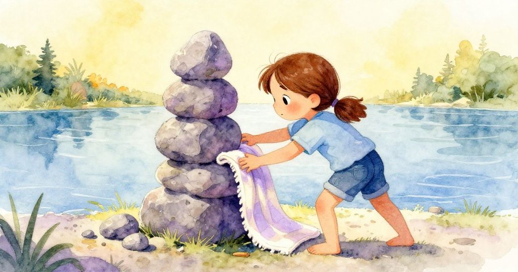 莉莉在上游小心堆疊石柱，用折疊毛毯擋住滑動石塊，溫暖色調讓人回想起平靜而認真的時刻。