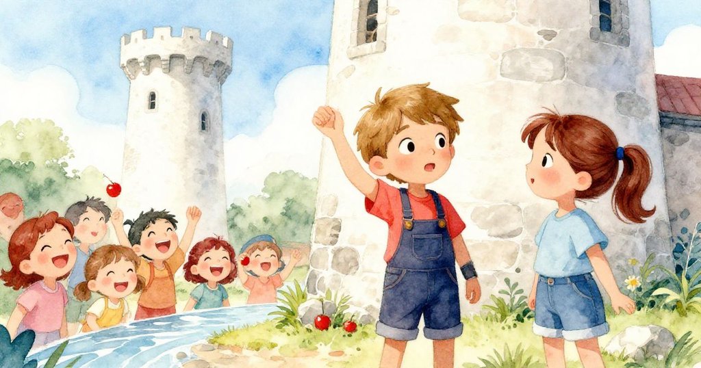 芬恩與莉莉在河邊石塔前相視而笑，旁邊群眾洋溢歡笑，整體氣氛充滿慶祝與喜悅。