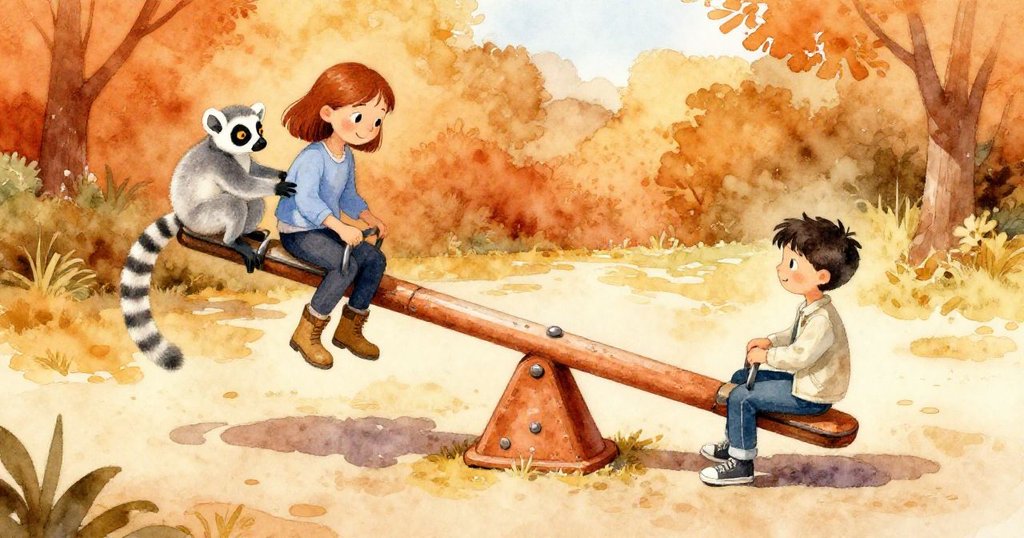 Tamsin, Erik與小狐猴出現在戶外破舊的平衡木上，陽光明媚，角色動作互動展現好奇與愉悅情緒。