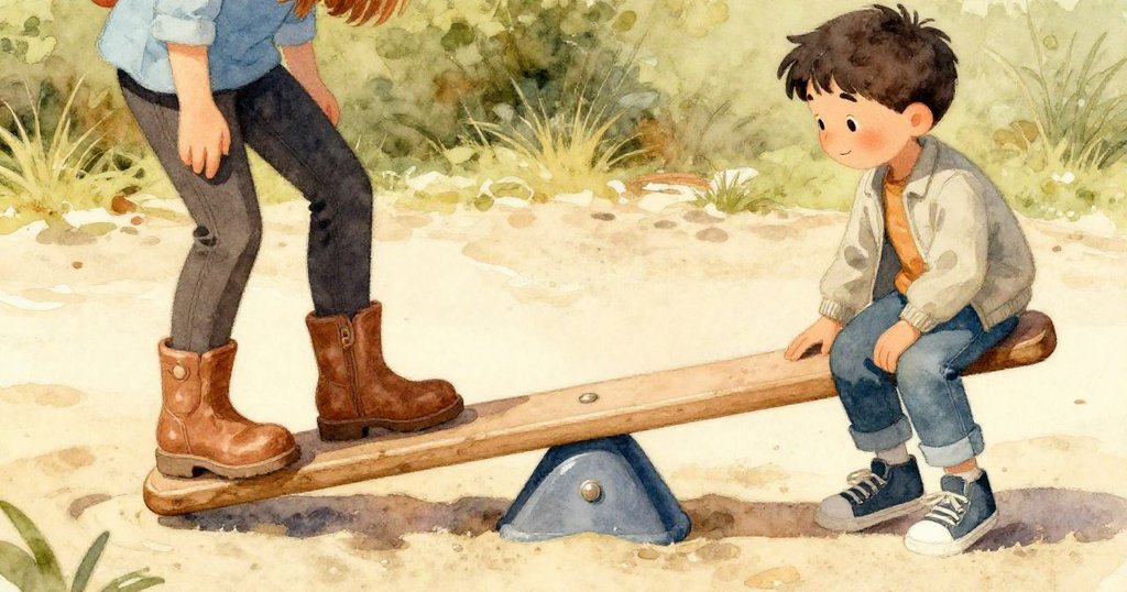 Erik和Tamsin的鞋子特寫在舊跡斑斑的平衡木上，腳步動態彰顯挑戰與探索，環境充滿溫暖光影。