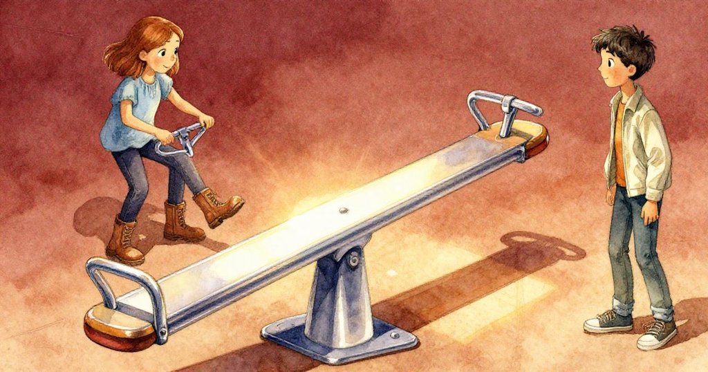 Erik緊握著發亮的手柄，Tamsin的影子映在金屬上，陽光與陰影交錯，展現微妙期待與緊張情緒。