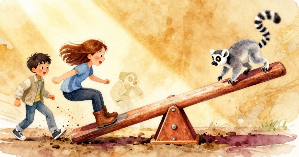 Tamsin奮力滑動，Erik全力向上推動，lemur急速奔跑於平衡木上，動作鮮明展現緊張轉折與驚喜瞬間。