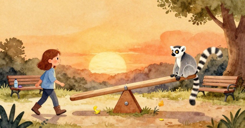 lemur穩坐於平衡木中心，Tamsin悠然走向長椅，地面上一瓣小黃花輕停，夕陽映照下呈現平和完成之感。