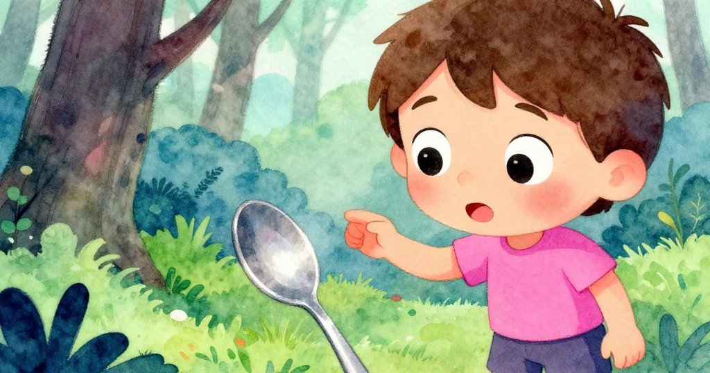 Reed專注輕觸彎曲湯匙，臉上露出驚奇與感謝的表情，背景映襯著溫暖柔和的樹林。