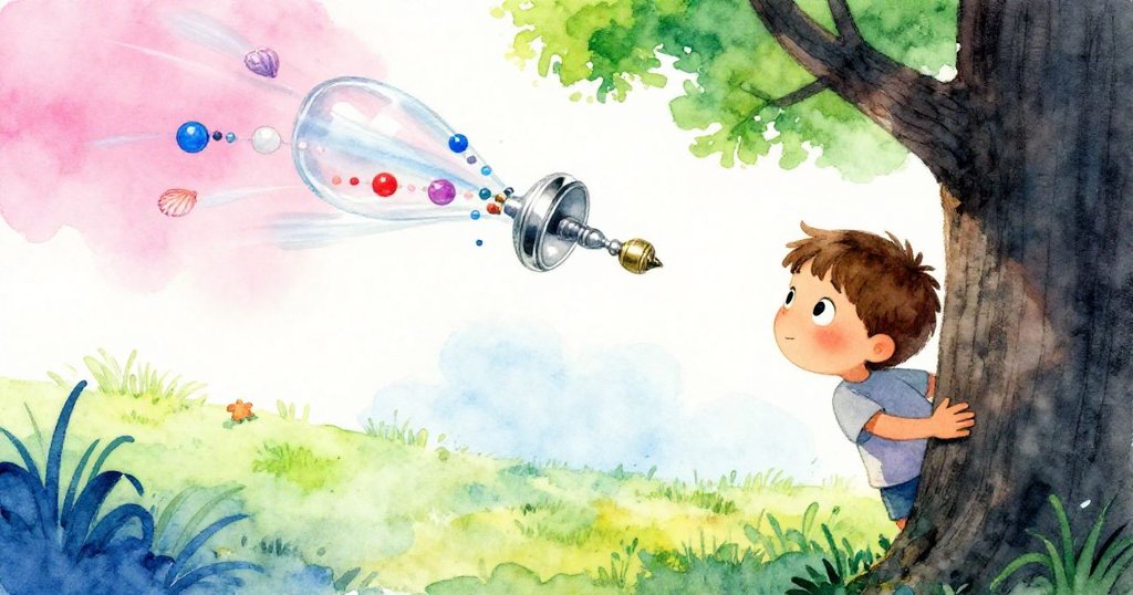 Reed從樹後注視旋轉瓶蓋上搖曳的珠子與貝殼，神情專注，背景呈現靜謐戶外樹林風貌。