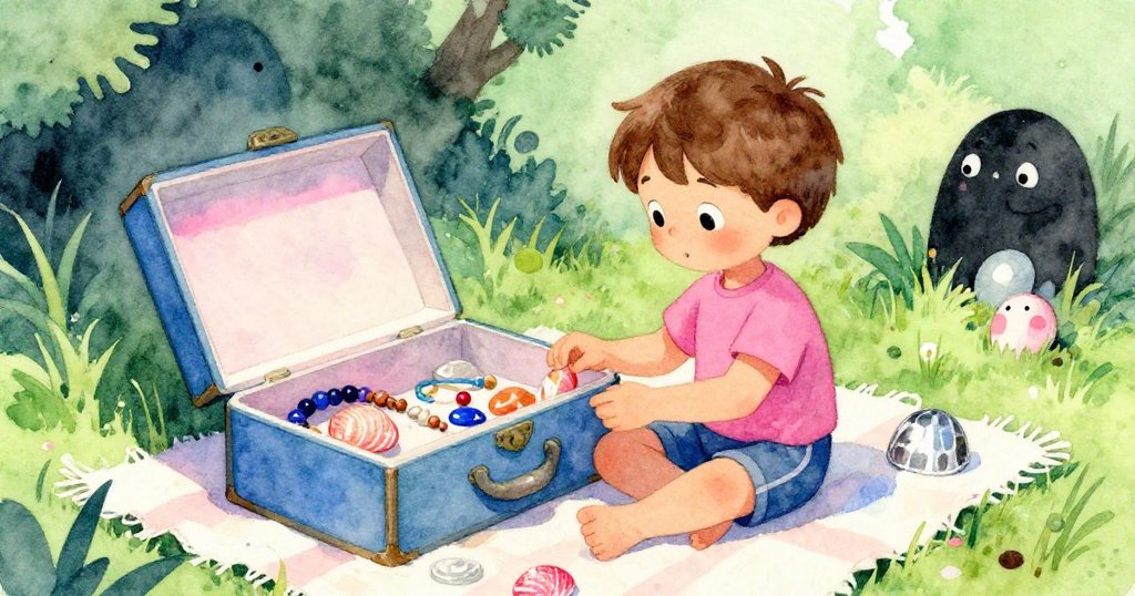 Reed坐在戶外毛毯上，認真整理貝殼與木珠，動作專注，周圍散落著創意用品，展現探索與巧思。