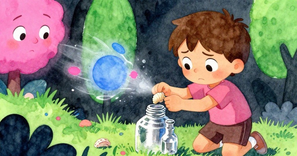 Reed正緊張地綁定小貝殼於旋轉瓶蓋上，神情專注，背景透出微妙懸念與冷光效果。