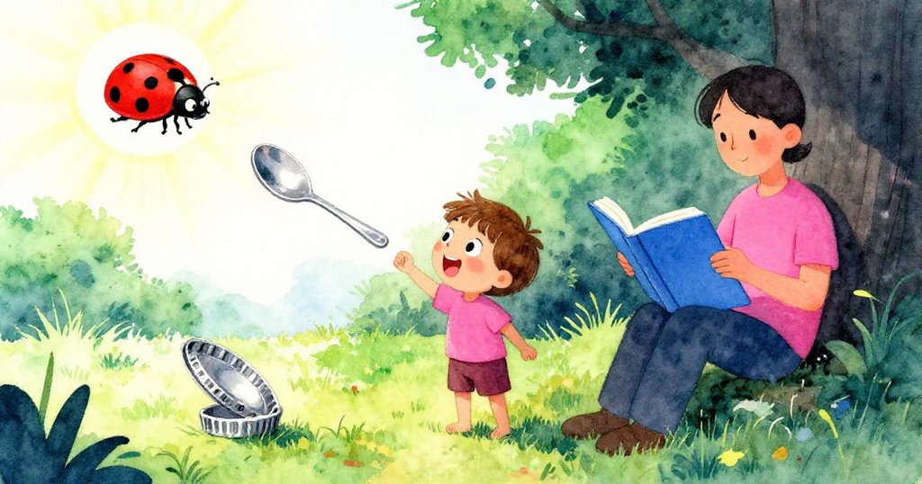 Reed滿懷喜悅看著瓶蓋輕擊湯匙，鮮紅瓢蟲飛向陽光，成人靜心讀書，氛圍溫暖而和諧。