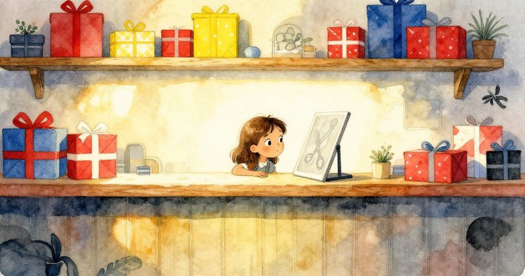 Petra在溫暖晨光中探索包裝櫃，輕觸木板尋找剪刀痕跡，環境柔和充滿好奇與期待氣氛